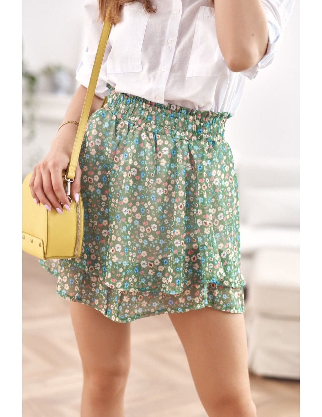 Chiffon mini skirt with flowers, green MP803720 - Online store - Boutique